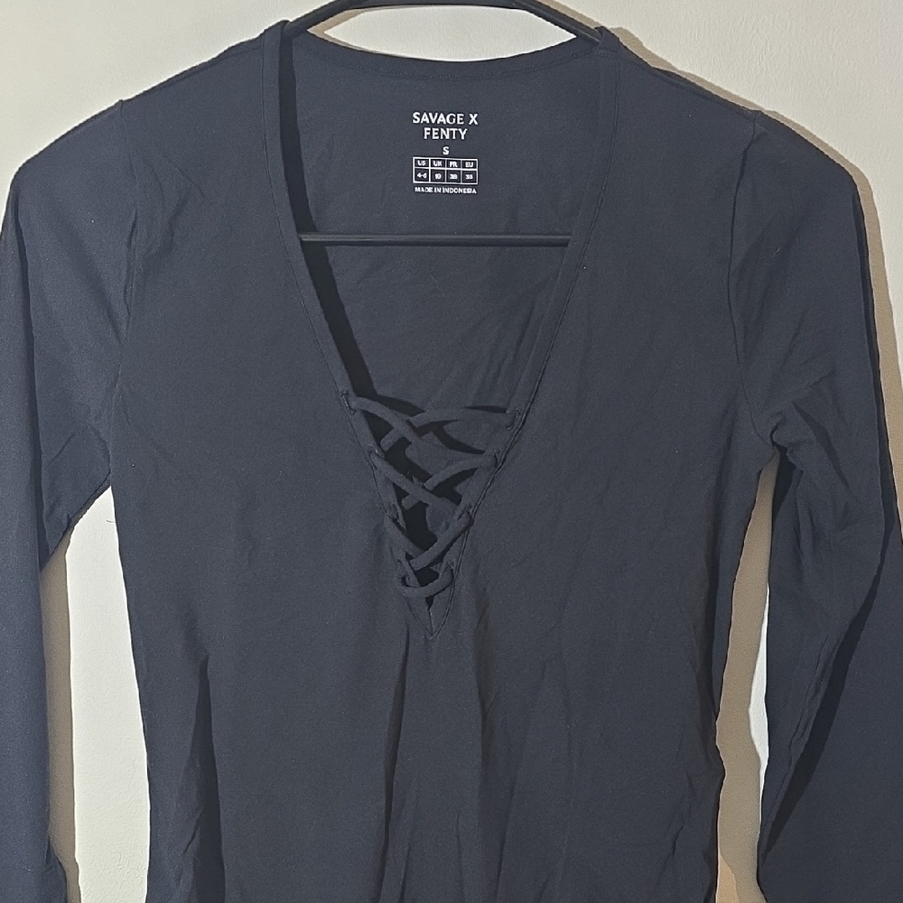 Savage X Fenty Black Lace-Up V-Neck Bodysuit